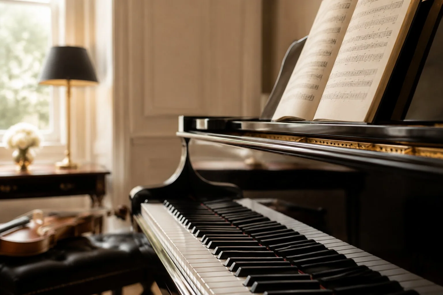Grand piano, classical music, and violin in an elegant studio